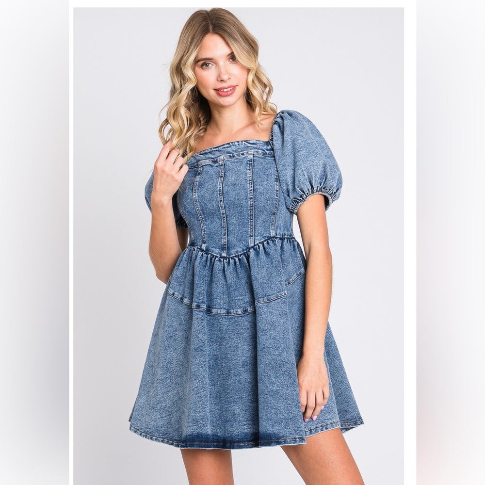 NWT Blue Denim Puff Sleeve Mini Dress